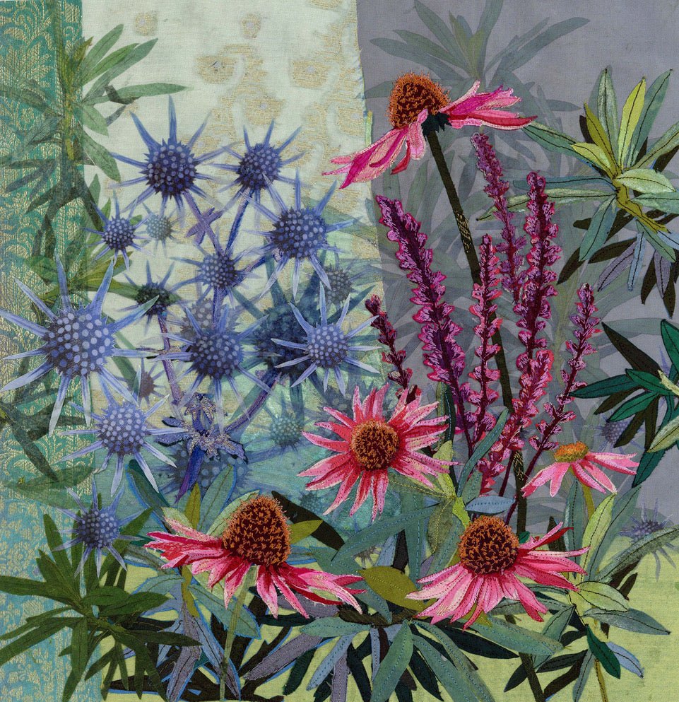 A detailed botanical art textile art featuring pink coneflowers, blue thistles, and purple flowers with green leaves against a split background of textured cream and gray panels.
