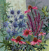 A detailed botanical art textile art featuring pink coneflowers, blue thistles, and purple flowers with green leaves against a split background of textured cream and gray panels.