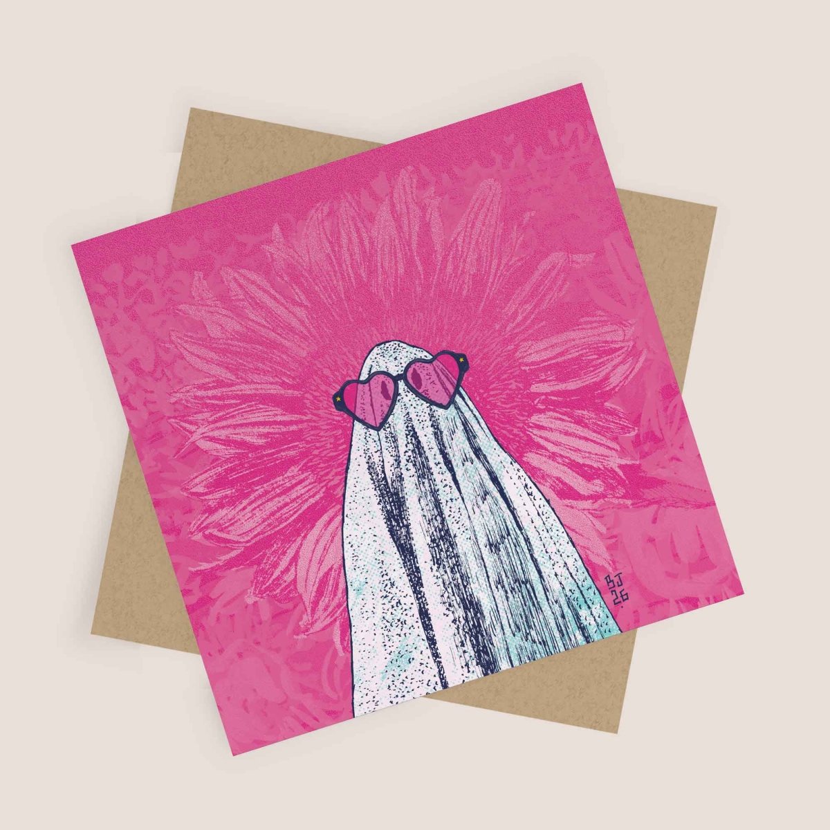 Ghost with Heart Sunglasses and Sandwich Greeting Card - Bejojo Art_Just Makers