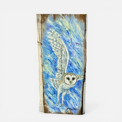 Hand Painted Owl in Flight Wooden Tile - Jenny Blue Art_Just Makers