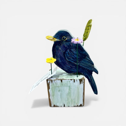 Hand Painted Wooden Blackbird on Stand - Jenny Blue Art_Just Makers