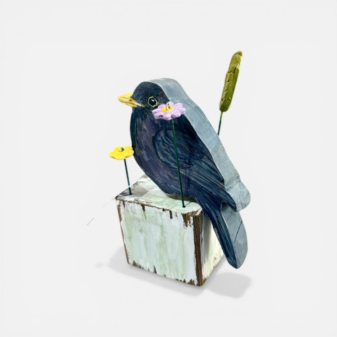 Hand Painted Wooden Blackbird on Stand - Jenny Blue Art_Just Makers