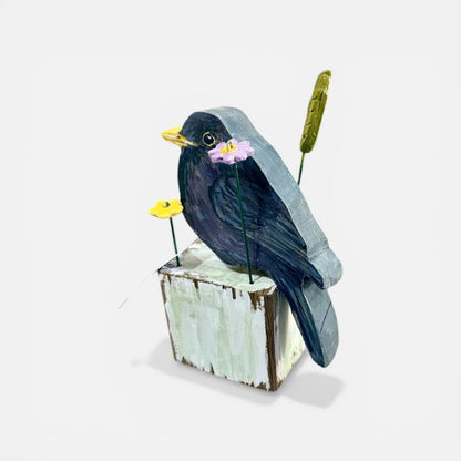 Hand Painted Wooden Blackbird on Stand - Jenny Blue Art_Just Makers