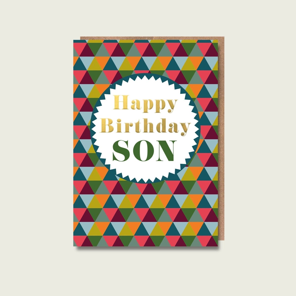 Colorful geometric patterned birthday card for son on a beige background