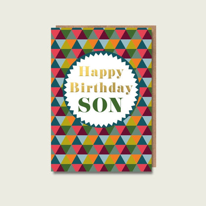 Colorful geometric patterned birthday card for son on a beige background
