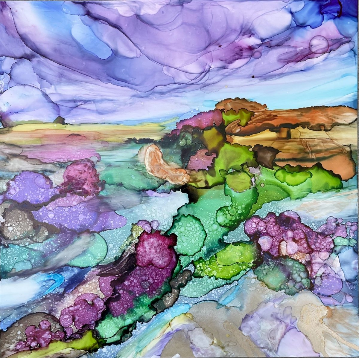 Heather on Ilkley Moors alcohol ink painting by Minu Achrekar