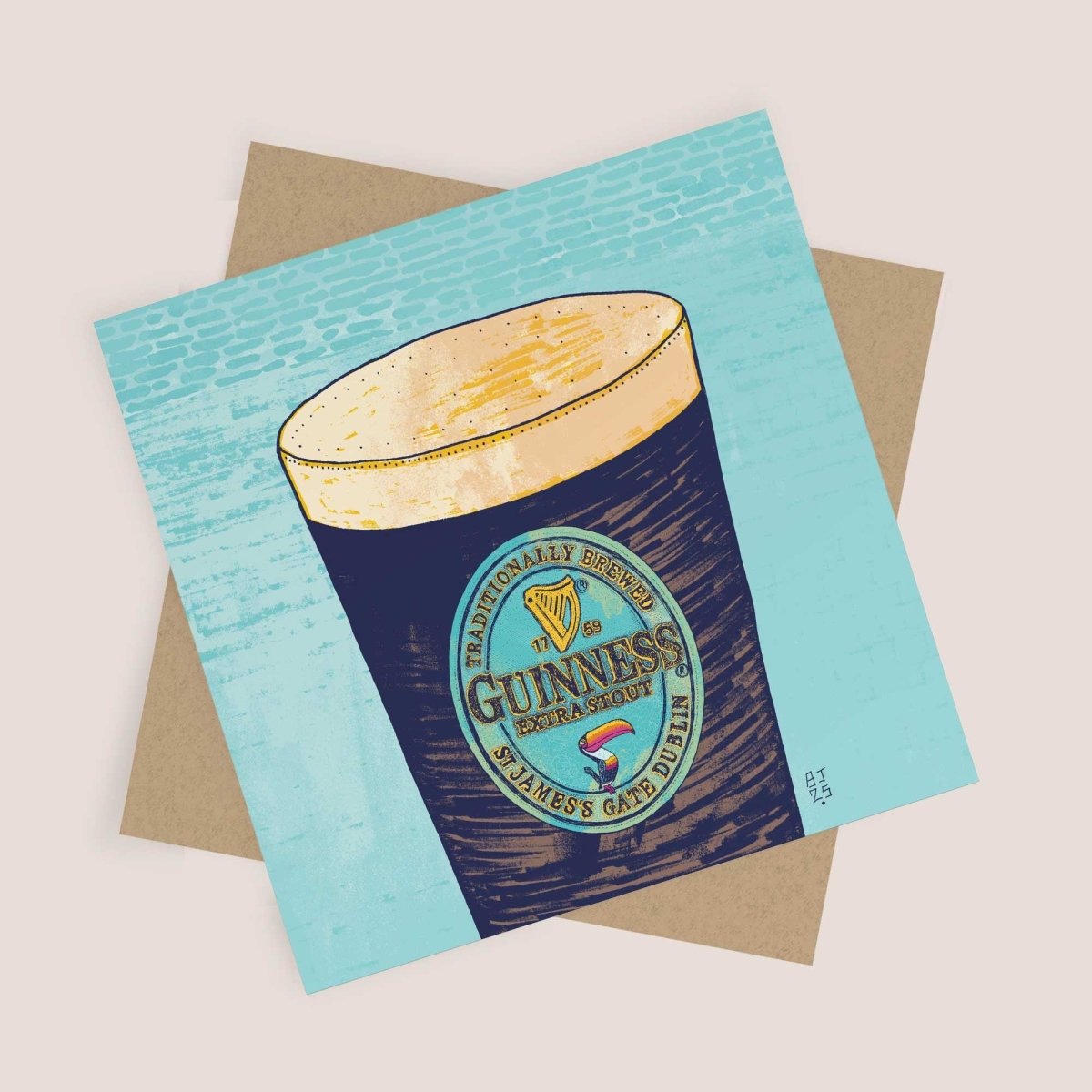 Card with a Guinness beer cup illustration on a textured surface