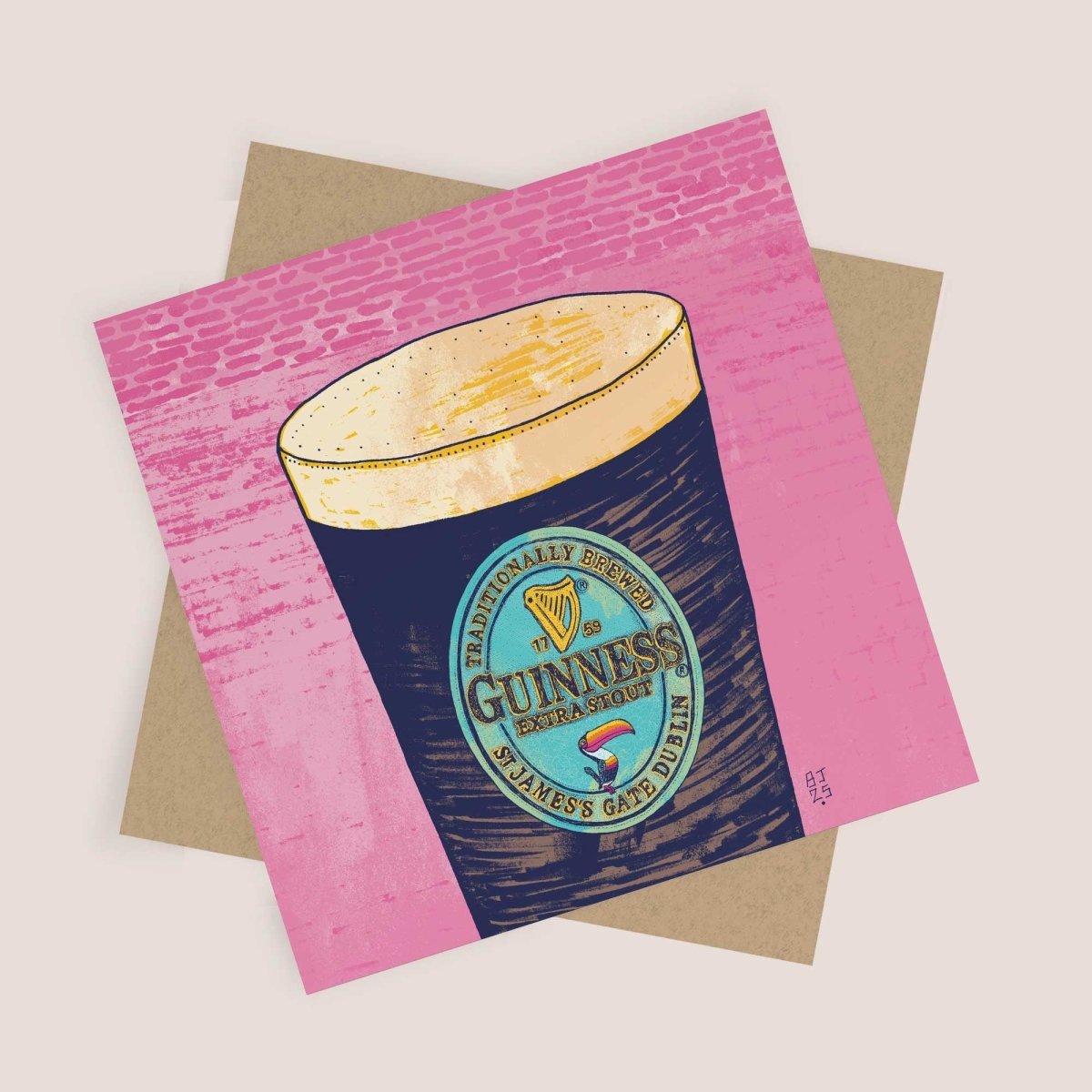 Greeting card with Guinness beer label design on a pink and brown background