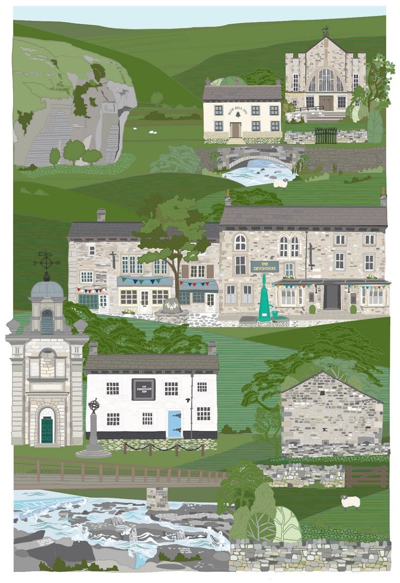 Collage of various buildings and landscapes with greenery