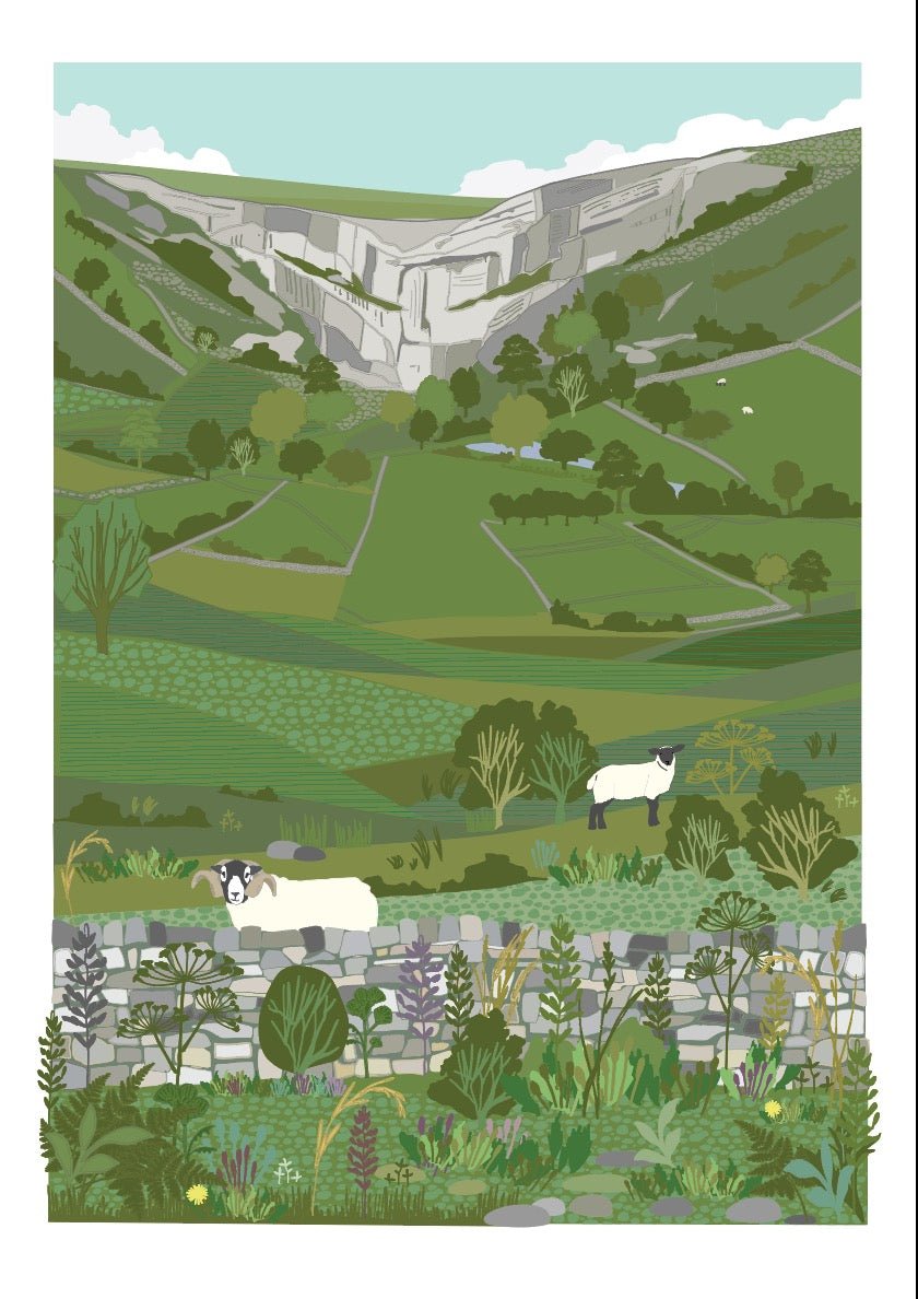 Illustration of a landscape with rolling hills, trees, and sheep.