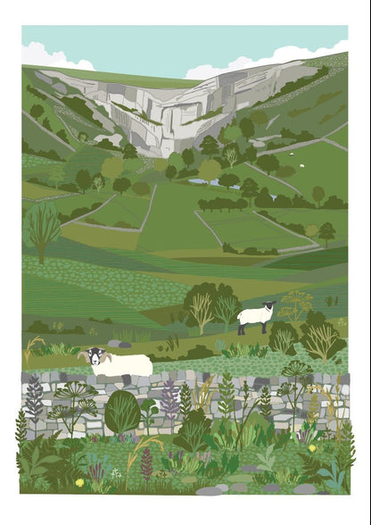 Illustration of a landscape with rolling hills, trees, and sheep.