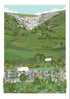 Illustration of a landscape with rolling hills, trees, and sheep.