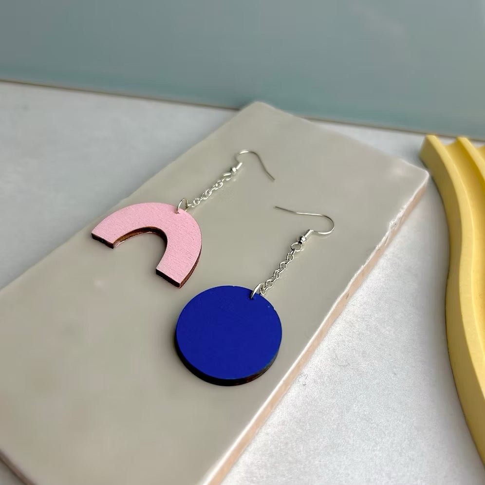 Mis Match Circle and Arc Drop Wooden Earrings - Red Paper House - Just Makers Red Paper House