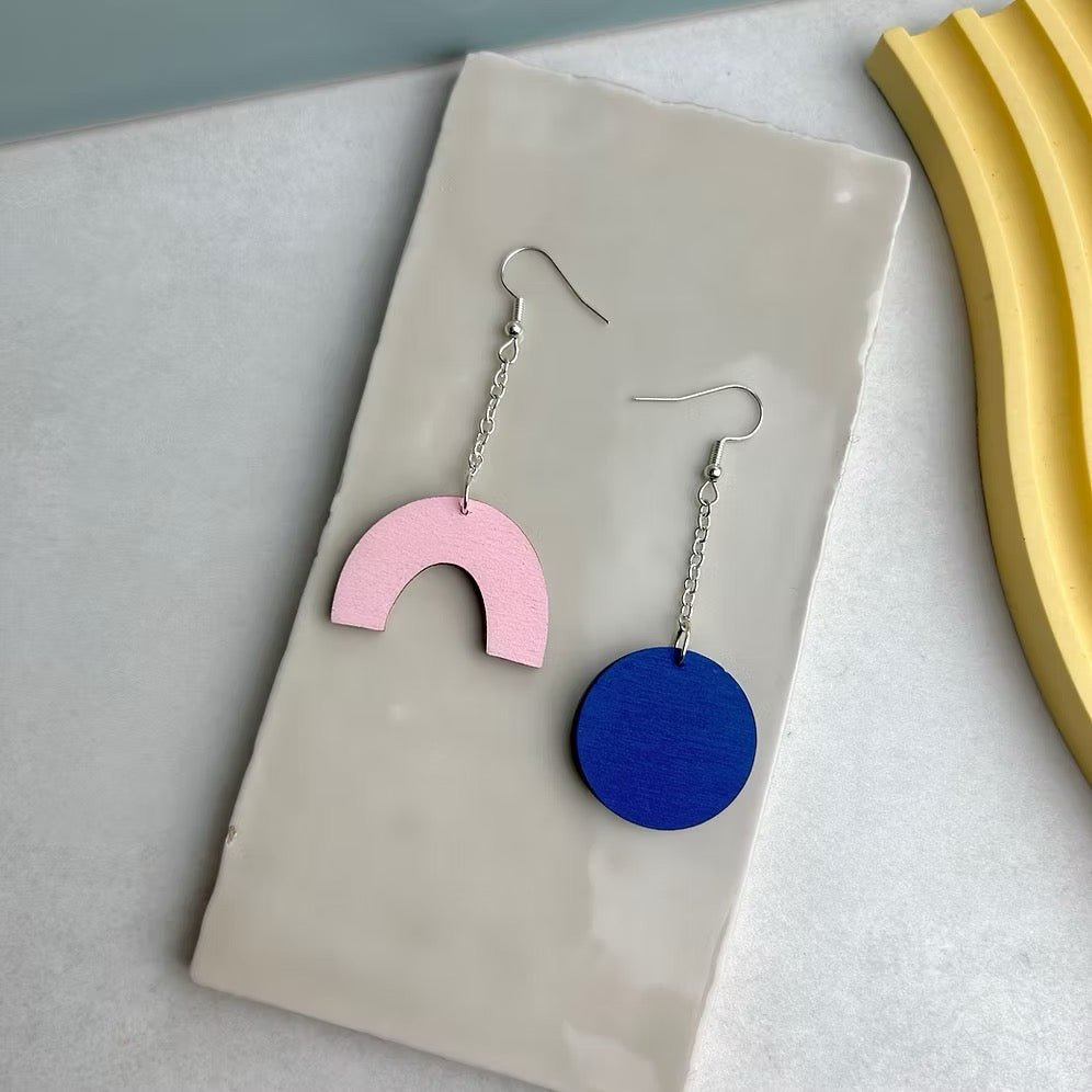 Mis Match Circle and Arc Drop Wooden Earrings - Red Paper House_Just Makers