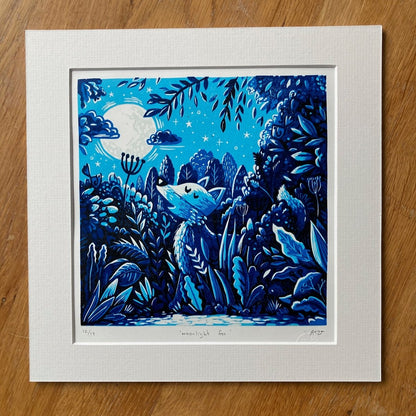 Moonlight Fox Linocut Print - Custard4Gravy_Just Makers
