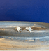 A pair of small silver starburst stud earrings resting on the rim of a speckled ceramic dish against a dark blue background.
