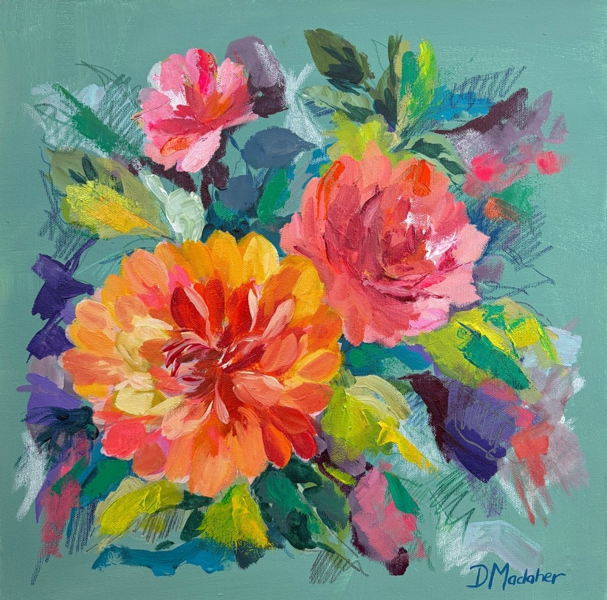 Orange Dahlia original mixed media painting by Davinder Madaher