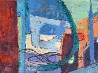 An abstract painting with expressive brushstrokes in blue, teal, orange, red, and white, featuring geometric and organic forms.