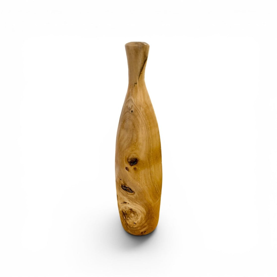 A small hand-carved wooden vase with a natural organic shape and visible wood grain, shown on a plain white background.