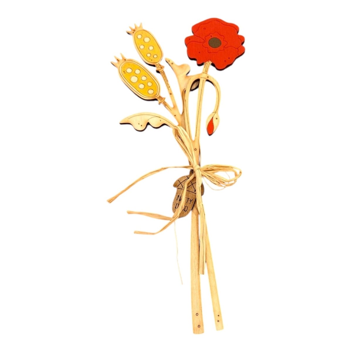A decorative wooden flower stem ornament with a bright red poppy-style flower head, yellow seed pods, light natural wood leaves and stems, and a small brown butterfly attached near the center, tied with thin string against a plain white background.