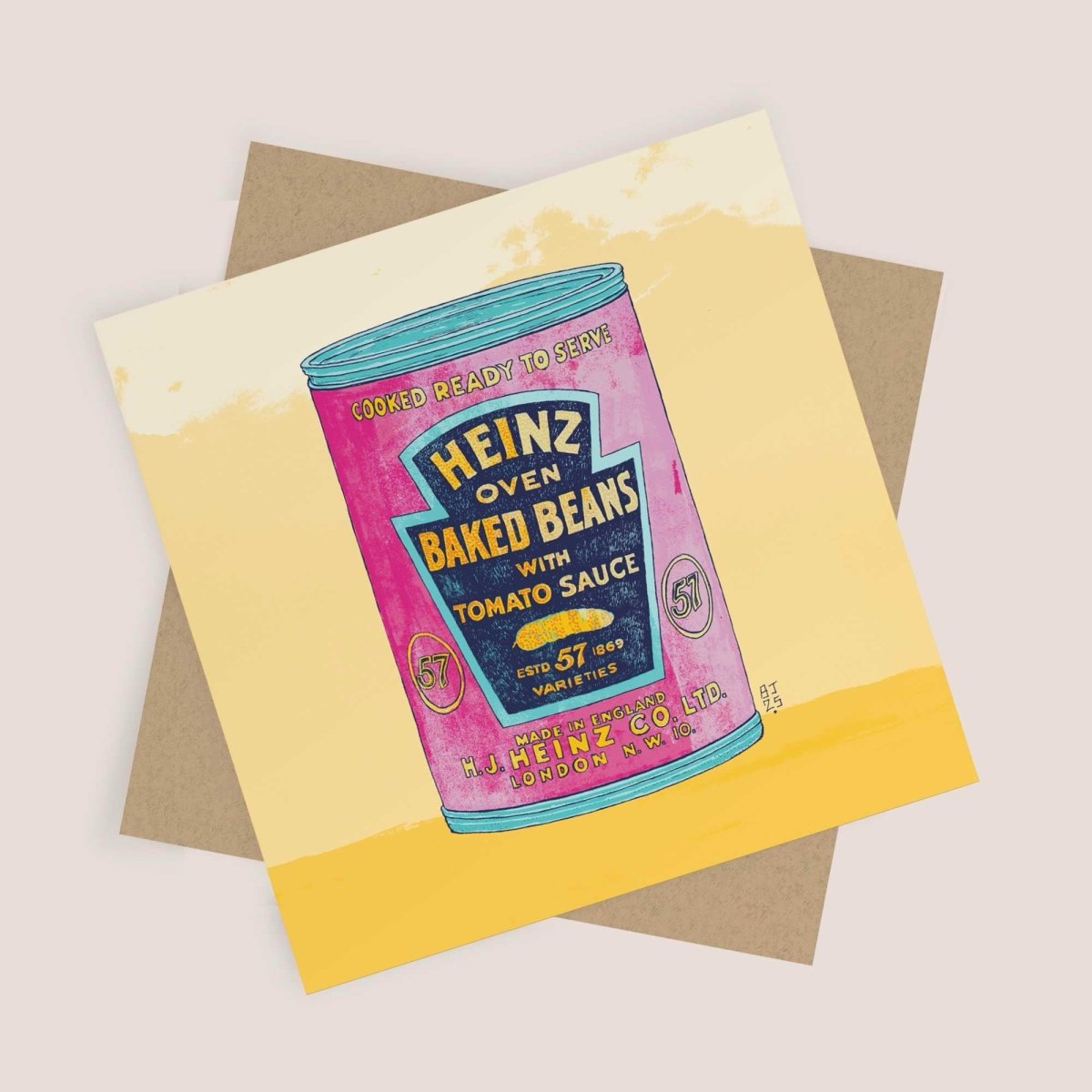 Greeting card with Heinz baked beans can design on a beige background