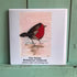Card with a robin illustration and text on a green wooden surface