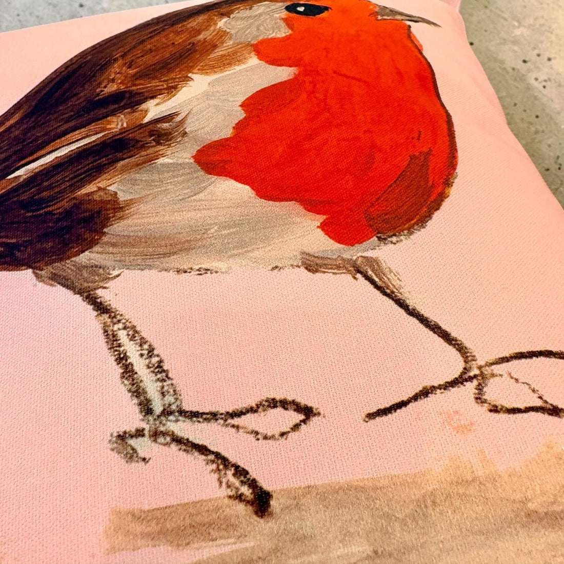 A close-up of a pink fabric cushion or pillow featuring a painted robin bird with a bright red chest, brown wings, and gray-white underparts.