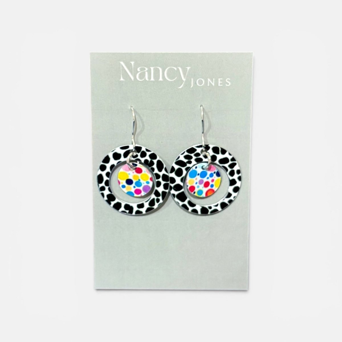 Pair of earrings with polka dot design on a Nancy Jones card.