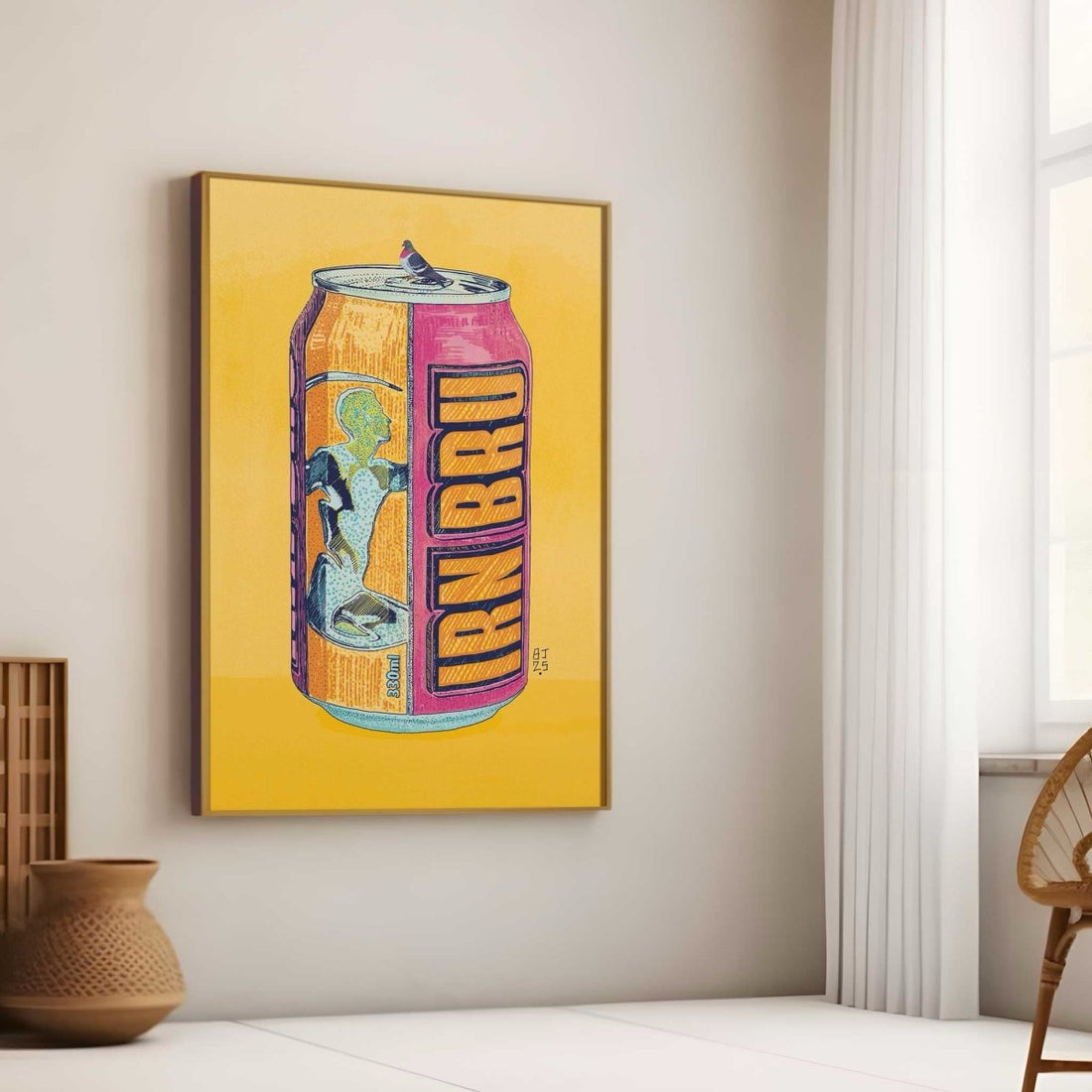 Framed artwork of a colorful can on a wall in a room with a window and decor items.