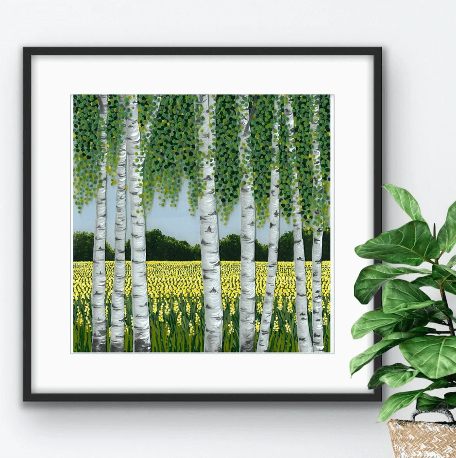 Silver Birch Across Rapeseed Giclee Mounted Print Unframed - Sarah Jane Nicholls_Just Makers