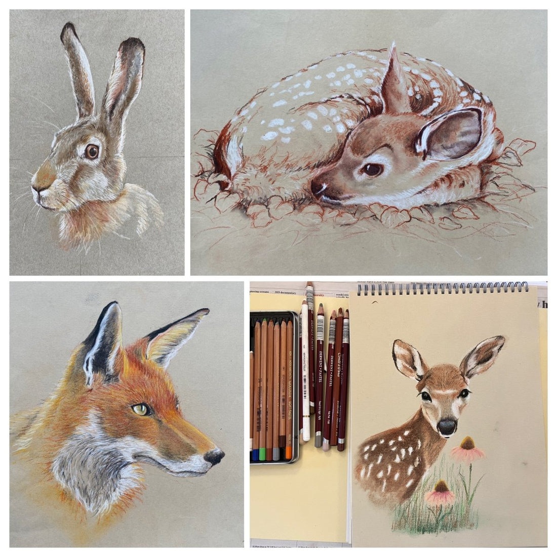 A four-panel collage showing colored pencil artwork: a hare head, a sleeping fawn, a fox head in profile, and a sketchbook page with a fawn drawing plus colored pencils.