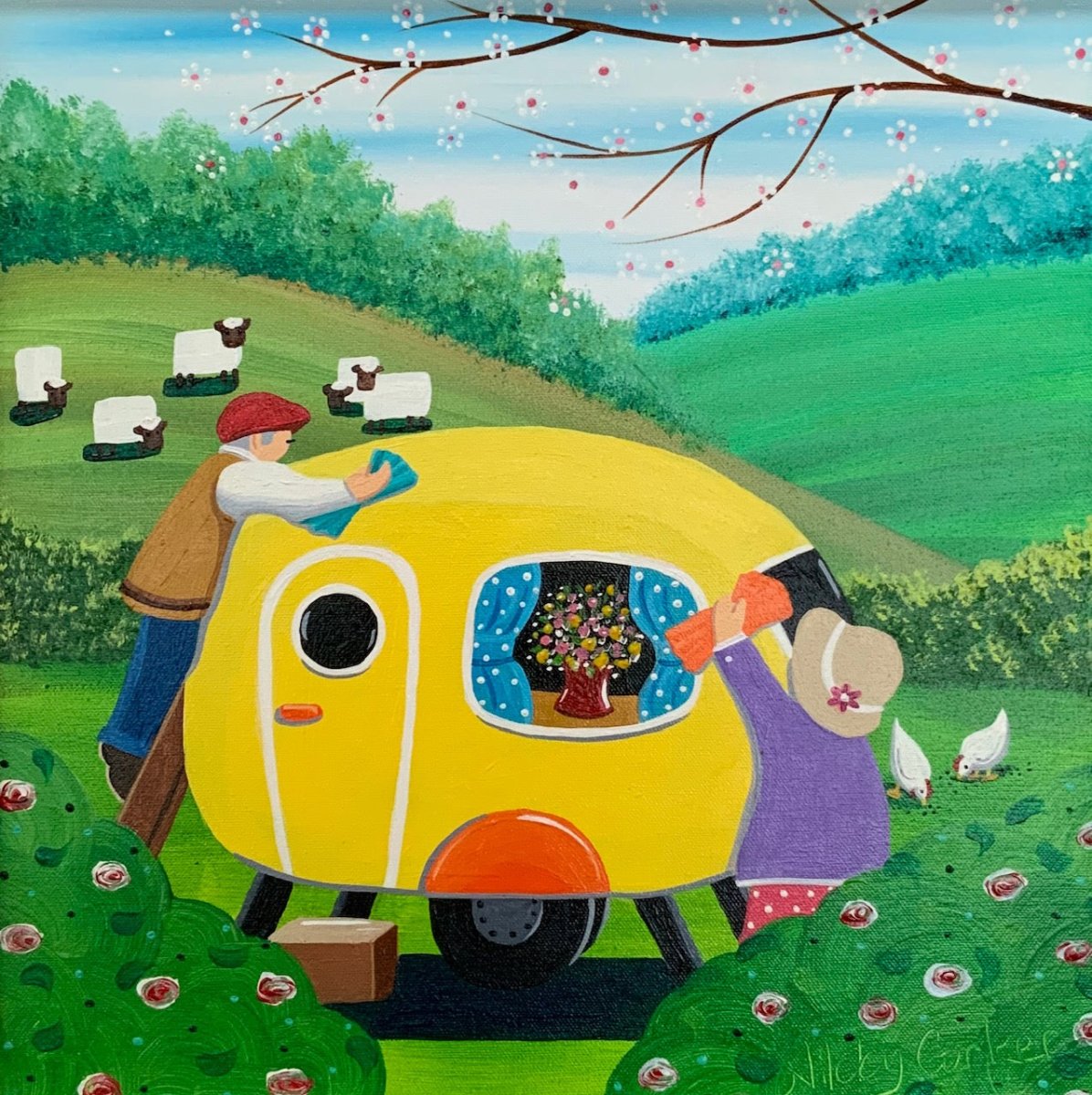 Colorful illustration of a yellow camper van with people and sheep in a pastoral setting.