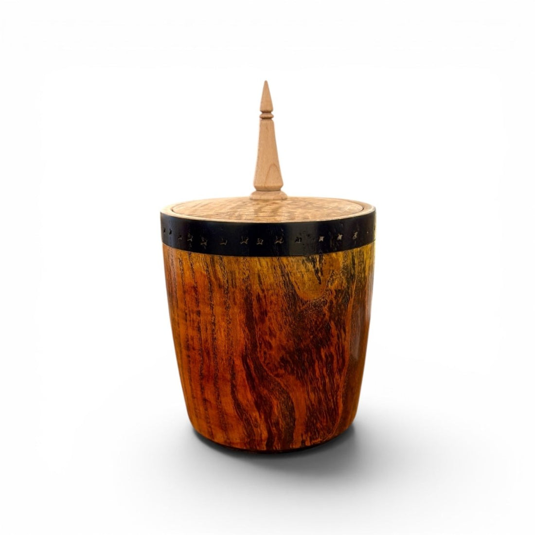 A cylindrical wooden storage barrel with a lid and a pointed wooden spout, featuring a rich warm brown wood grain and a black metal band with small cutouts, shown on a white background.