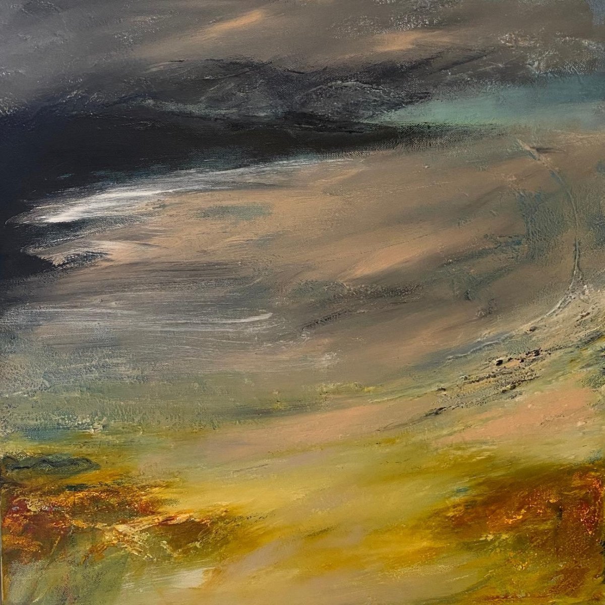An abstract landscape painting featuring a dramatic sky with dark charcoal and gray clouds, soft beige and brown midtones, and a golden yellow and orange textured ground.