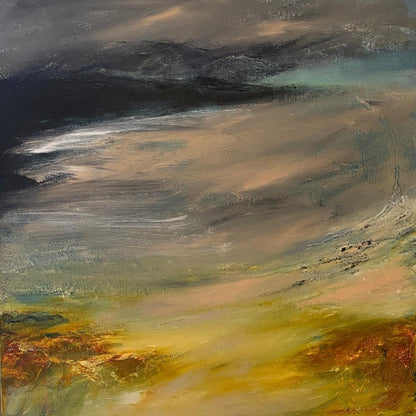 An abstract landscape painting featuring a dramatic sky with dark charcoal and gray clouds, soft beige and brown midtones, and a golden yellow and orange textured ground.