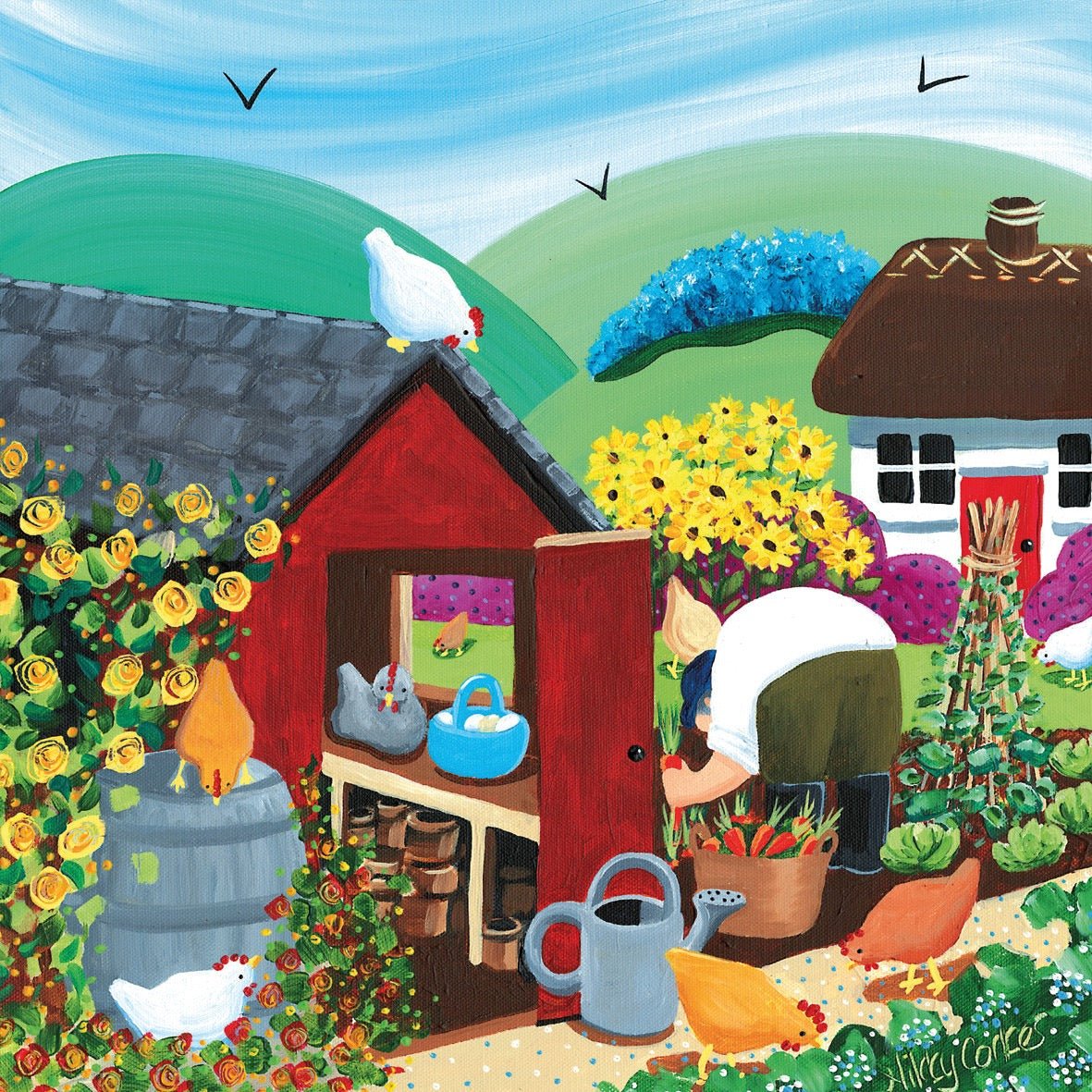 Colorful illustration of a garden scene with a red shed, flowers, and animals.