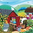 Colorful illustration of a garden scene with a red shed, flowers, and animals.