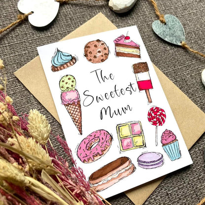Greeting card with illustrations of desserts and &