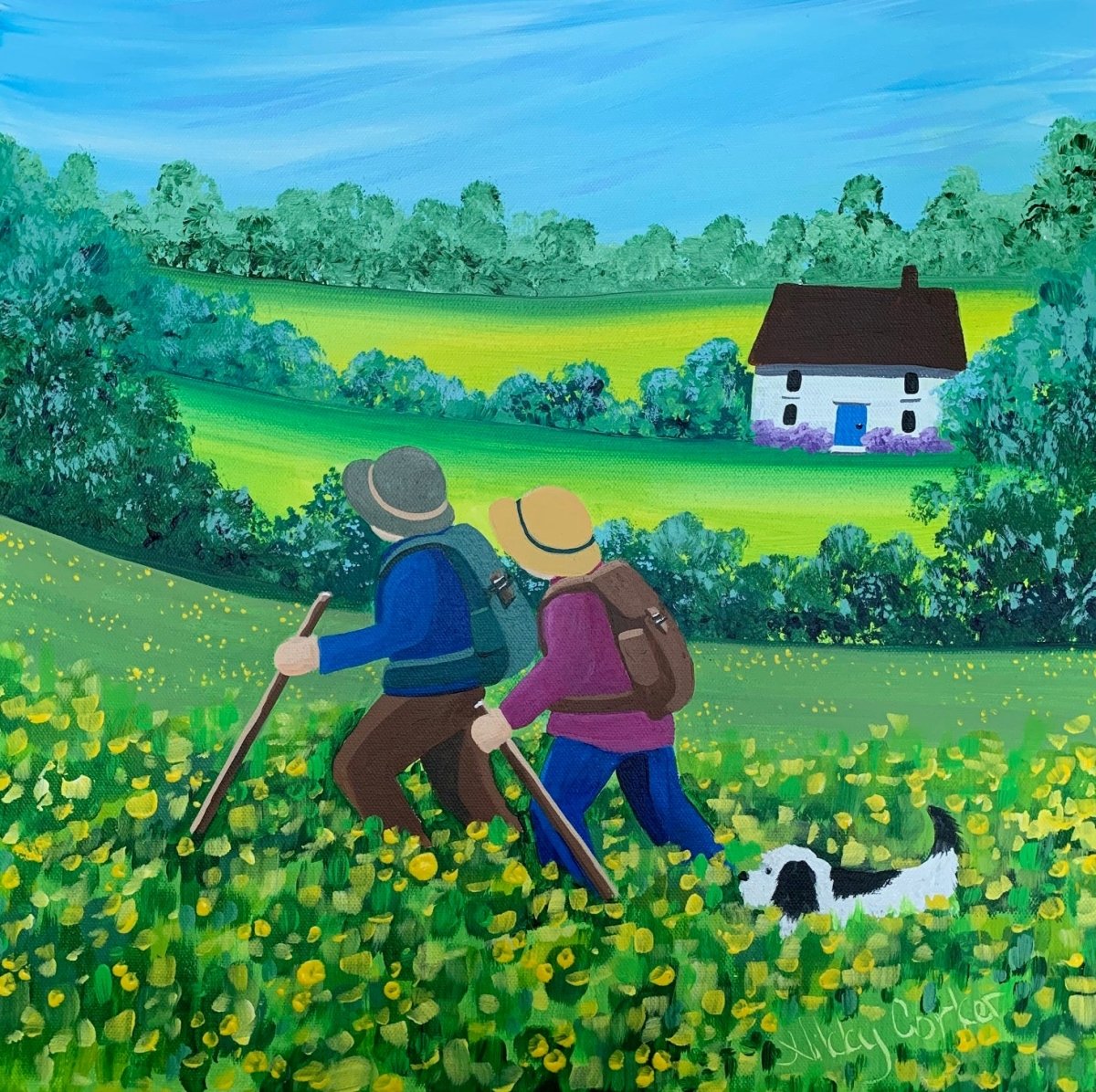 Painting of two people walking a dog in a lush green field with a house in the background