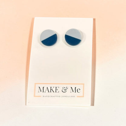 Round earrings with blue and gray color scheme on a &