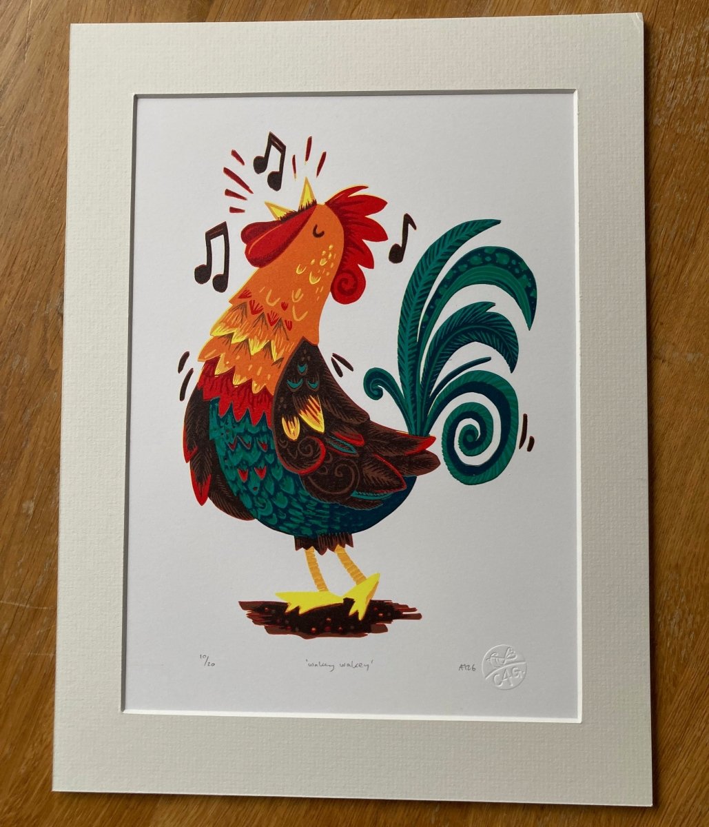 Wakey Wakey Rooster Linocut Print - Custard4Gravy_Just Makers