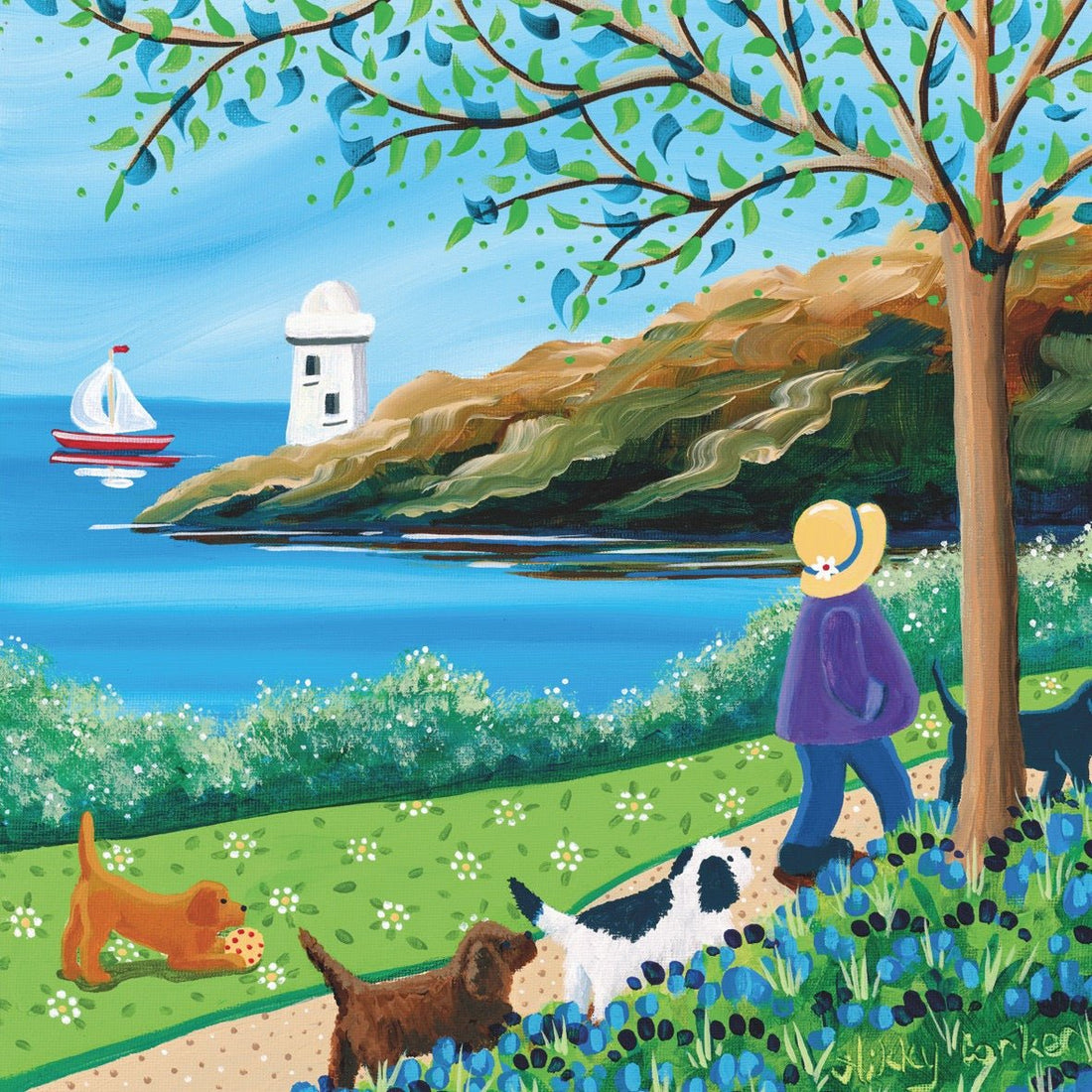 Illustration of a person walking dogs by a scenic coastal landscape with a lighthouse and sailboat.