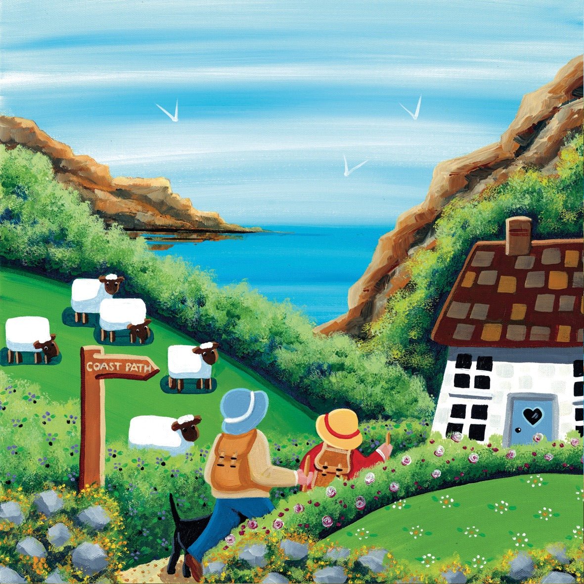 Illustration of a coastal scene with sheep, a couple, and a house.