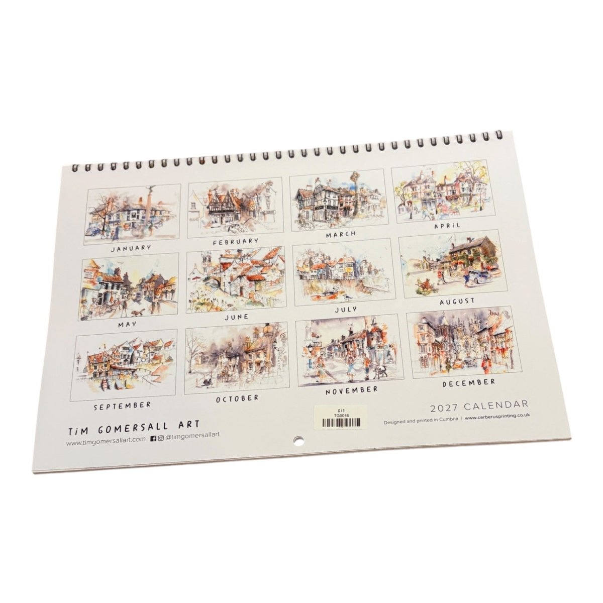 A spiral-bound 2027 wall calendar from Tim Comersall Art, displayed at an angle on a clean white background. The cover features twelve square watercolor illustrations of street scenes, each labeled with its respective month.