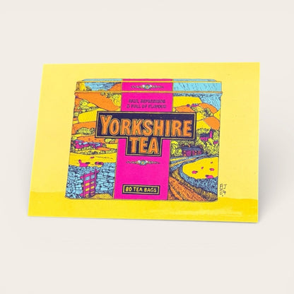 Yorkshire Tea postcard with colorful design on a yellow background