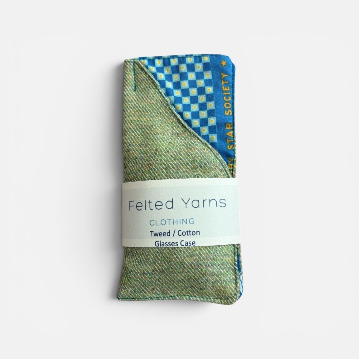 Felted yarns glasses case with green and blue checkered pattern on a white background