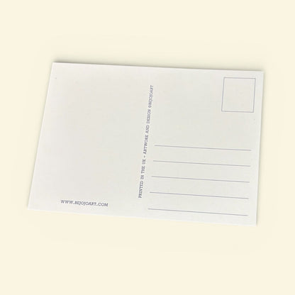 White postcard with text on a beige background